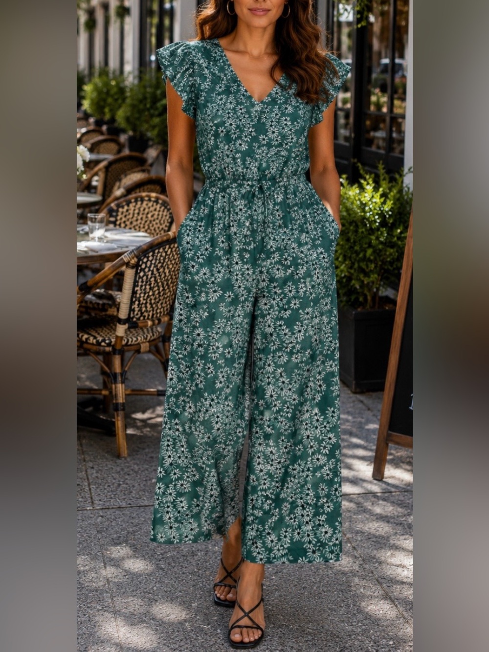 Kaileigh Green Floral Wide-Leg Stretch Jumpsuit With Pockets